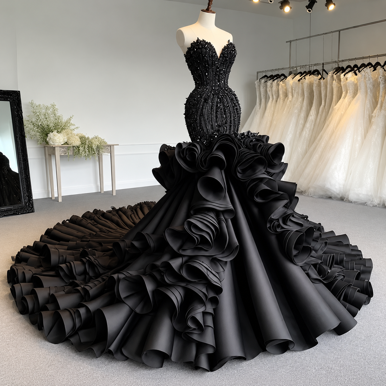 Schwarzes Meerjungfrau-Brautkleid mit Perlen, Pailletten und Schleppe