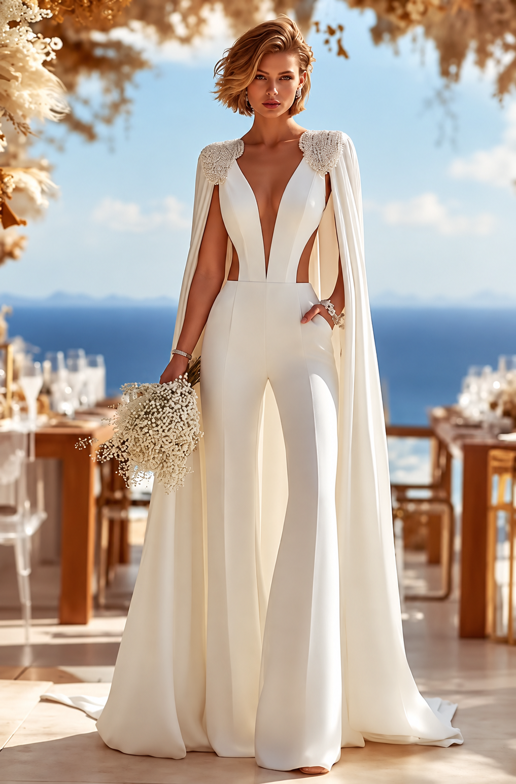 Braut-Jumpsuit mit Cape & Perlen - Weißer Hosenanzug mit V-Ausschnitt