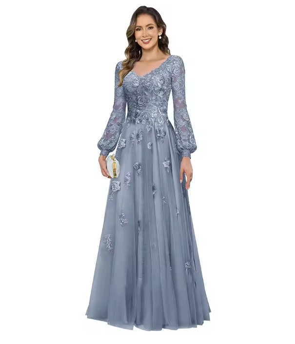 Brautmutter Kleid in Silber - V-Ausschnitt, Spitze & lange Ärmel