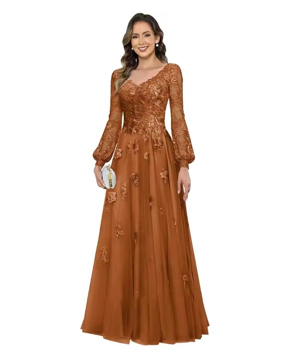 Brautmutter Kleid in Bronzebraun - V-Ausschnitt & Spitze