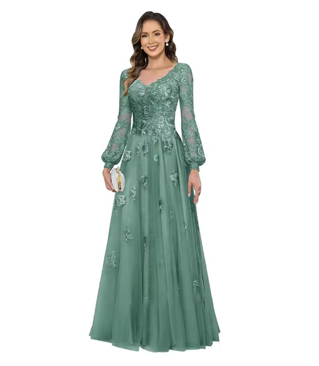 Brautmutter Kleid in Eucalyptus - V-Ausschnitt & Spitze