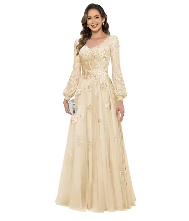Brautmutter Kleid in Champagne - V-Ausschnitt & Spitze