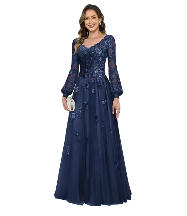 Brautmutter Kleid in Navyblau - V-Ausschnitt & Spitze
