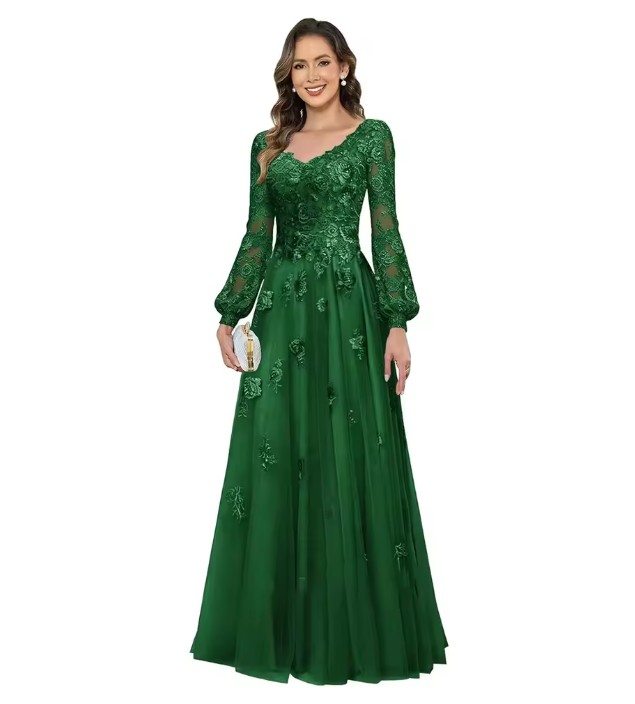Brautmutter Kleid in Smaragdgrün - V-Ausschnitt & Spitze