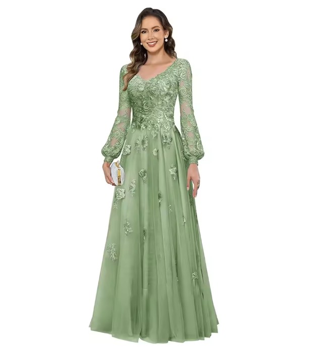 Brautmutter Kleid in Salbei - V-Ausschnitt & Spitze