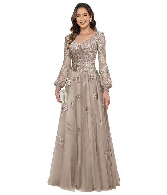 Brautmutter Kleid in Khaki - V-Ausschnitt & Spitze