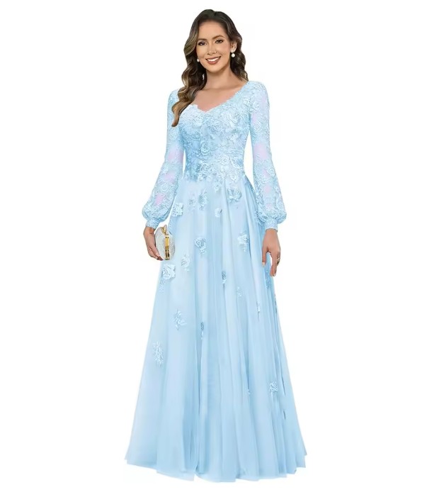 Brautmutter Kleid in Hellblau - V-Ausschnitt & Spitze