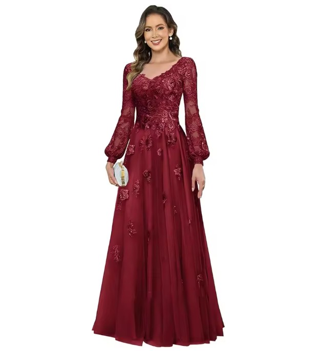Brautmutter Kleid in Burgundy - V-Ausschnitt & Spitze