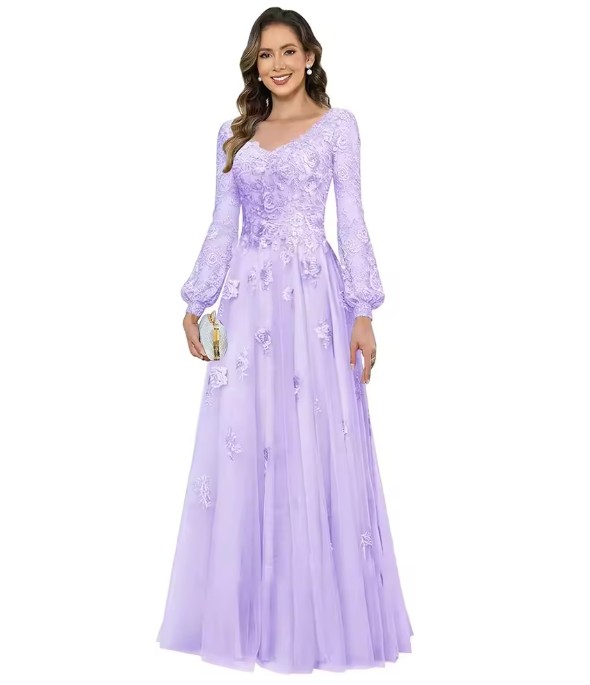 Brautmutter Kleid in Helllila - V-Ausschnitt & Spitze