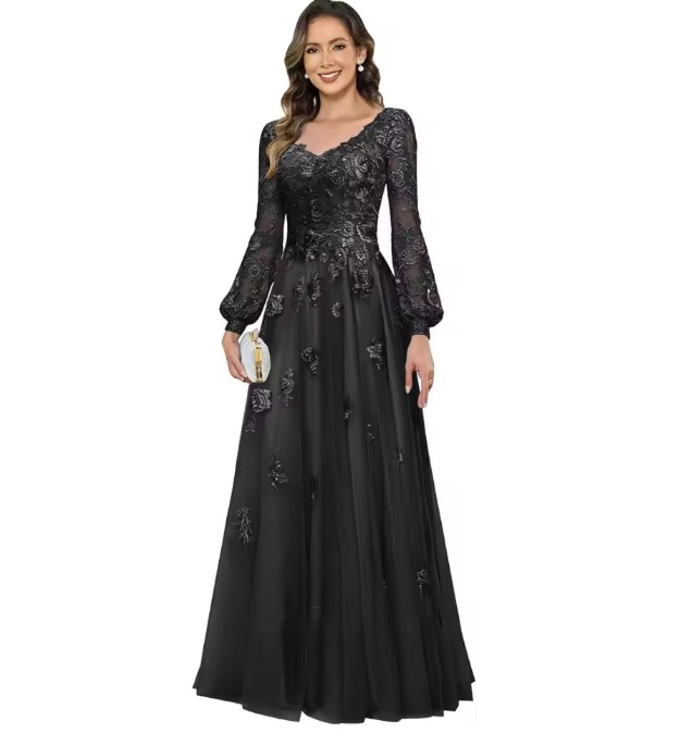 Brautmutter Kleid in Schwarz - V-Ausschnitt & Spitze