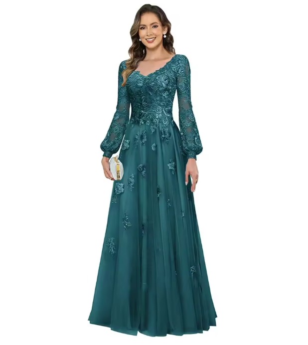 Brautmutter Kleid in Pfaugrün - V-Ausschnitt & Spitze