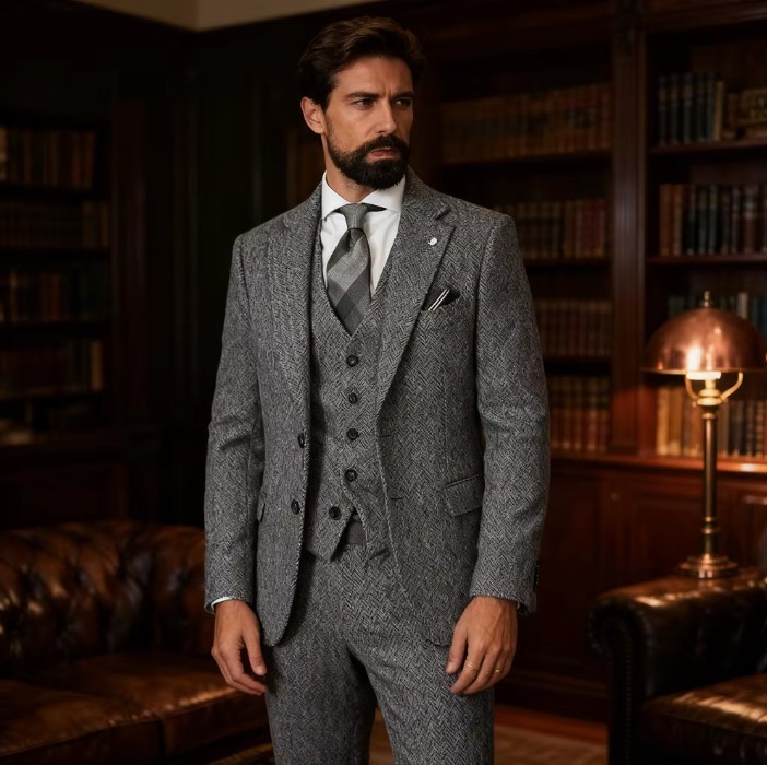 Grauer Tweed Bräutigam Anzug | 3-teiliger Slim Fit Hochzeitsanzug