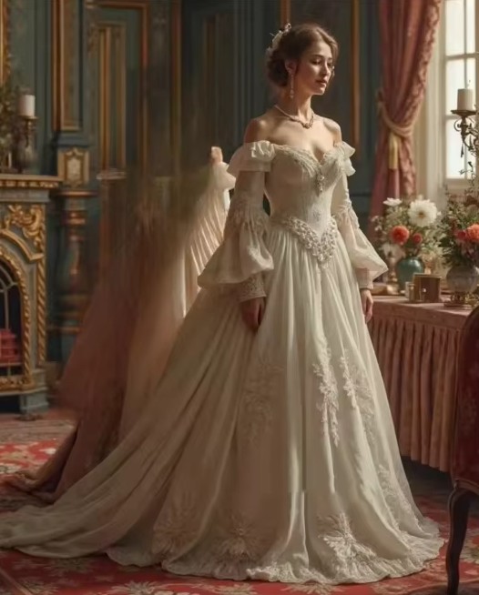 Vintage viktorianisches Hochzeitskleid – Schulterfreies Prinzessinnen-Brautkleid mit langen Ärmeln und Spitze