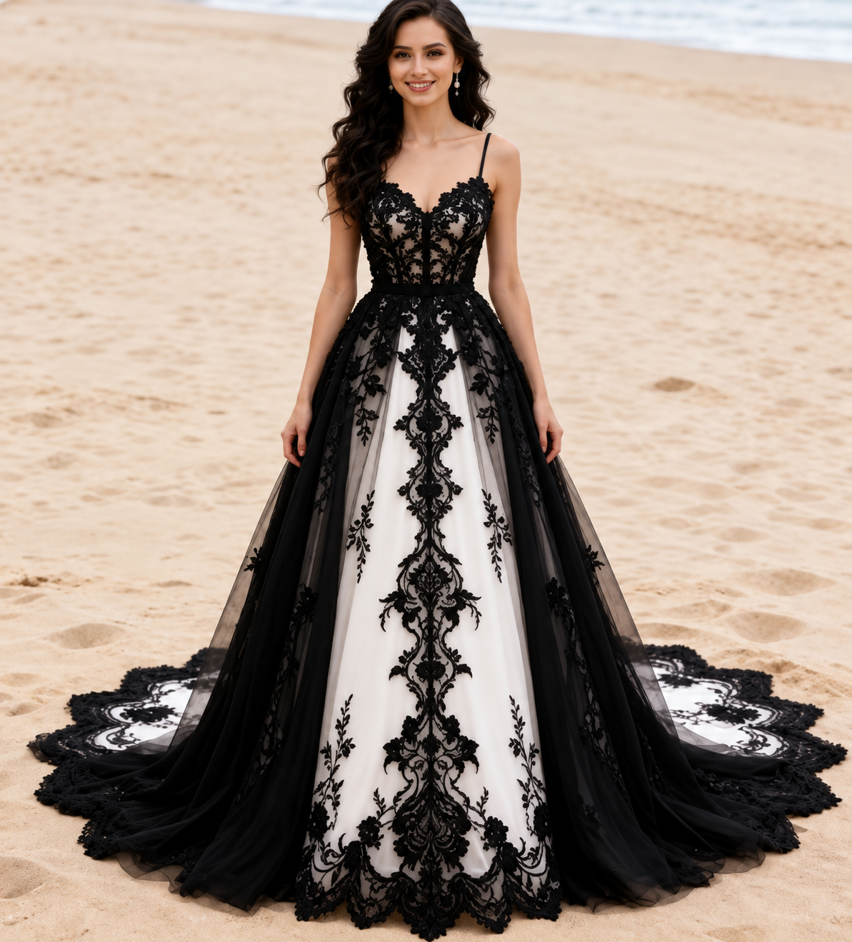 Schwarz-Weißes Gothic-Hochzeitskleid mit Spitze und Schleppe