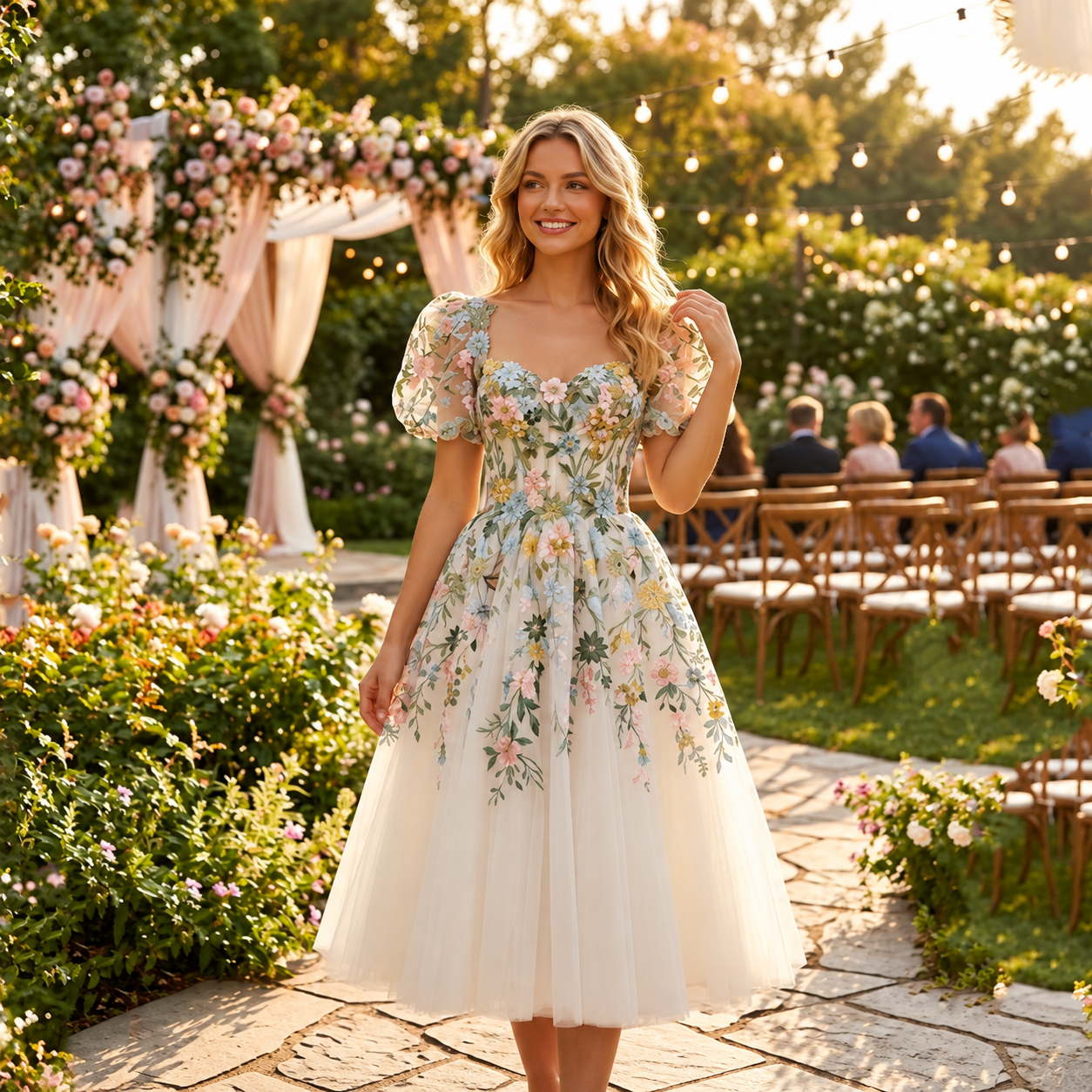 Wadenlanges Brautkleid aus Blumenstoff mit Puffärmeln – Romantischer Vintage-Charme