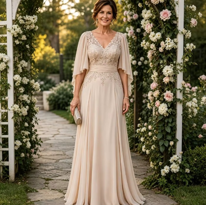 Nude Brautmutterkleid mit V-Ausschnitt, Spitzenoberteil und Chiffon
