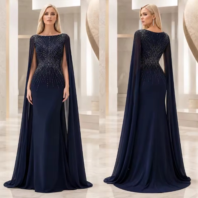 Marineblaues Brautmutterkleid mit Cape-Ärmeln und Strass