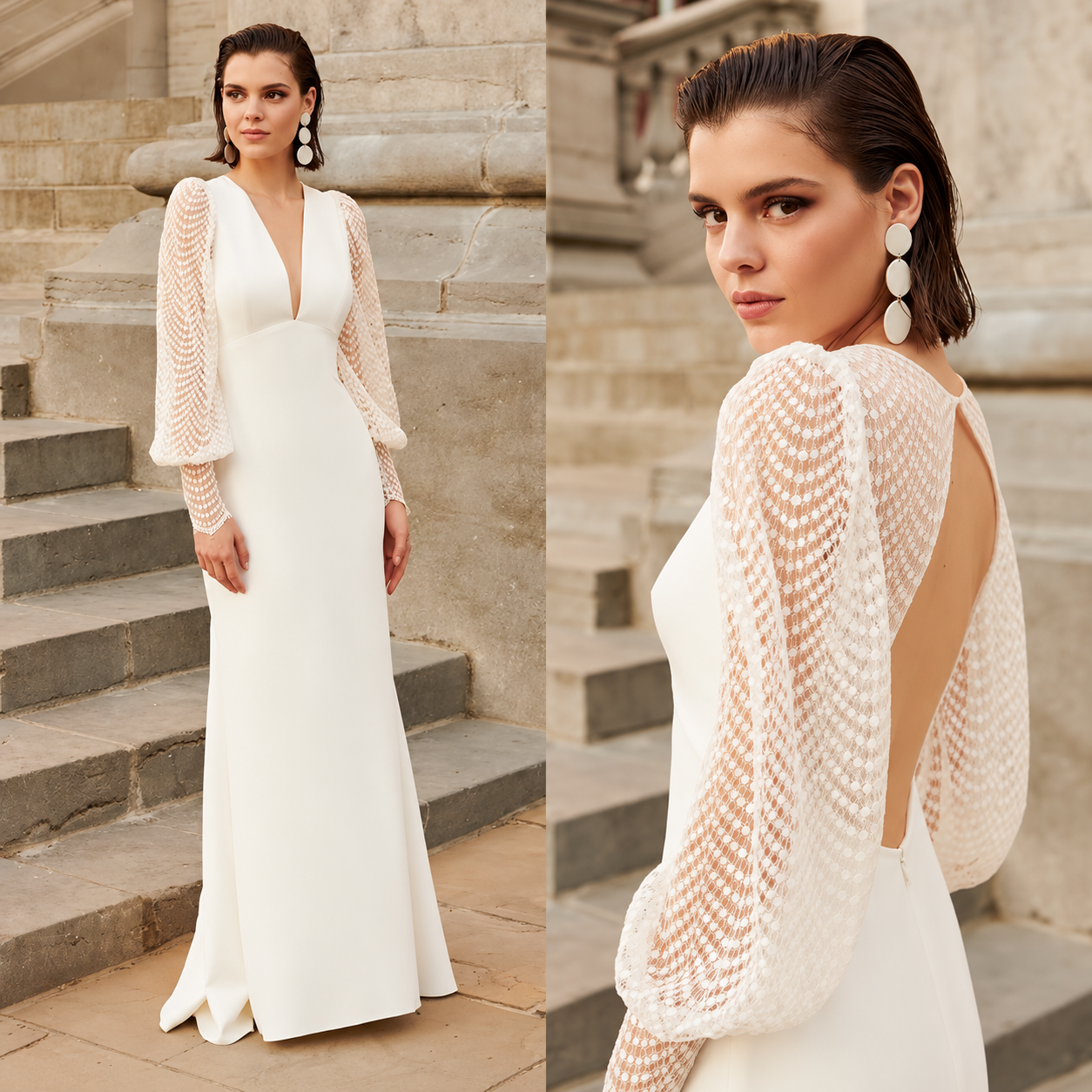 Boho Meerjungfrau Brautkleid mit Spitze & Puffärmeln – Rückenfrei