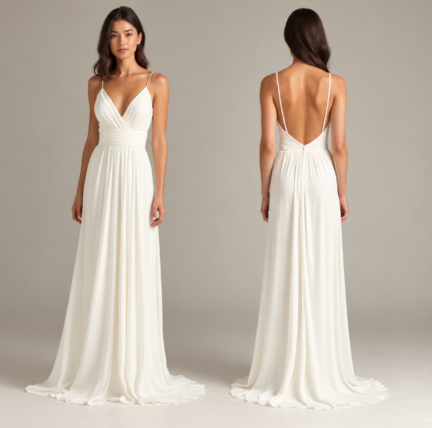Boho-Standesamtkleid mit V-Ausschnitt & offenem Rücken