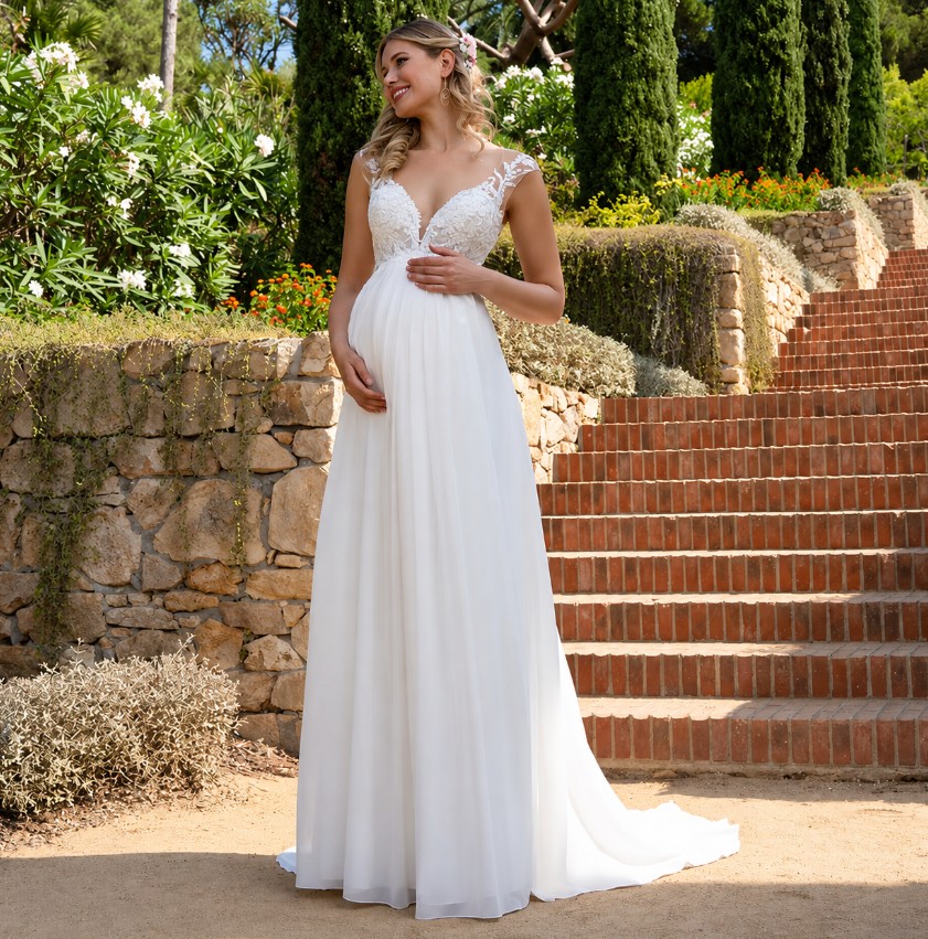 Schwangerschafts-Brautkleid Boho – Empire-Stil mit Spitze