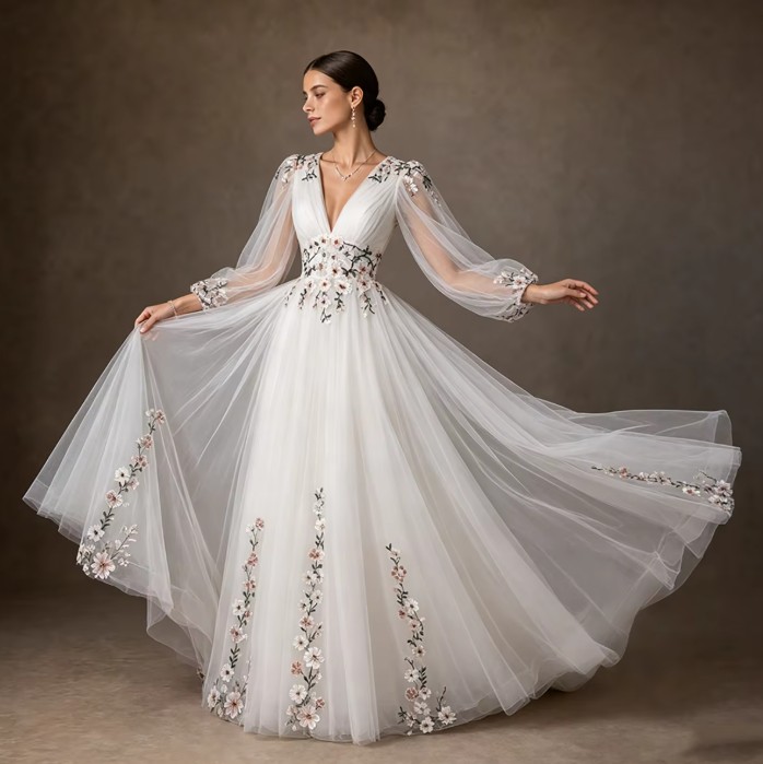 Farbenfrohes A-Linien-Brautkleid mit Blumenstickerei und Bischofsärmeln