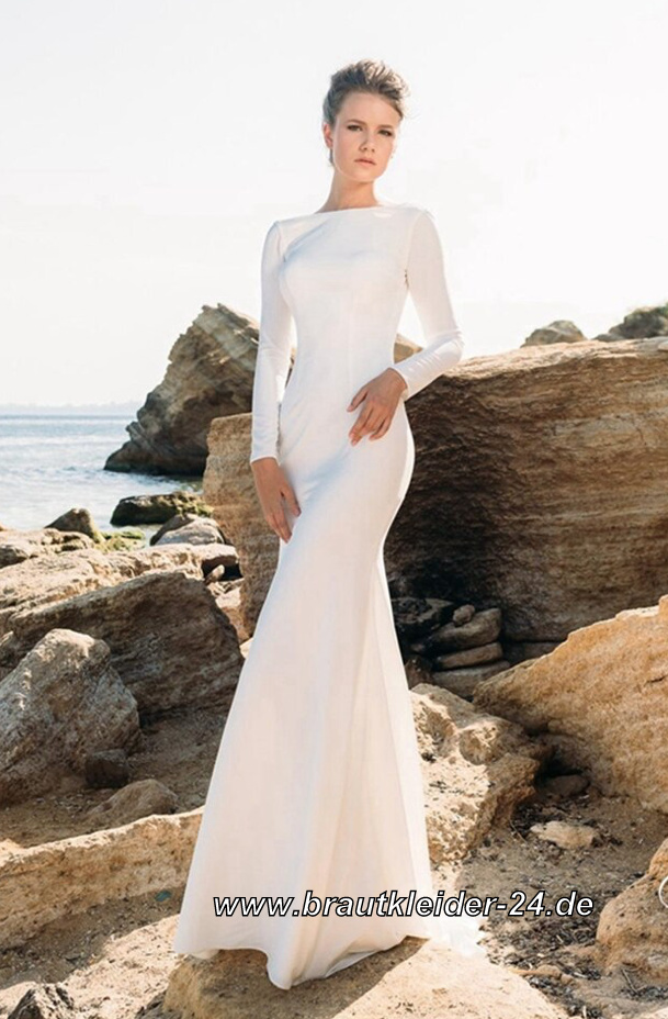 Elegantes Langarm Kleid Bodenlang in Weiß für den Standesamt