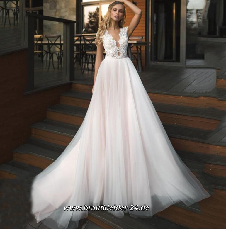 Luxus V Ausschnitt Brautkleid mit Schleppe und Spitze
