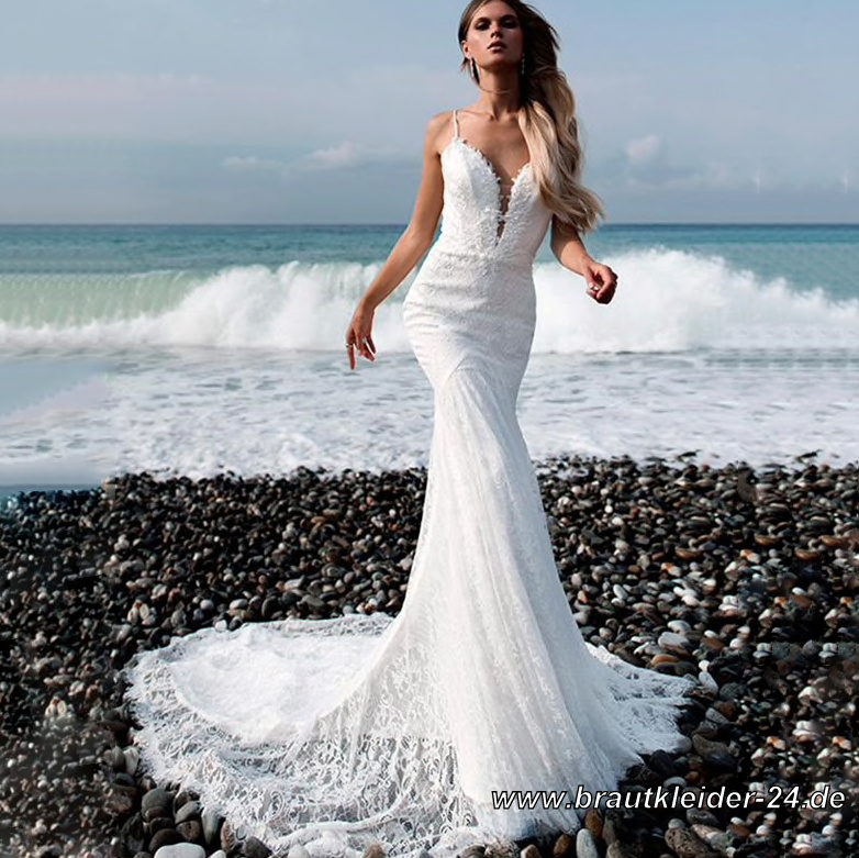 Luxus Meerjungfrau Brautkleid mit Spaghettiträger Schleppe und Spitze