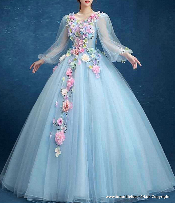 Hell Blaues Brautkleid mit Tüll Ärmel und 3D Blumen