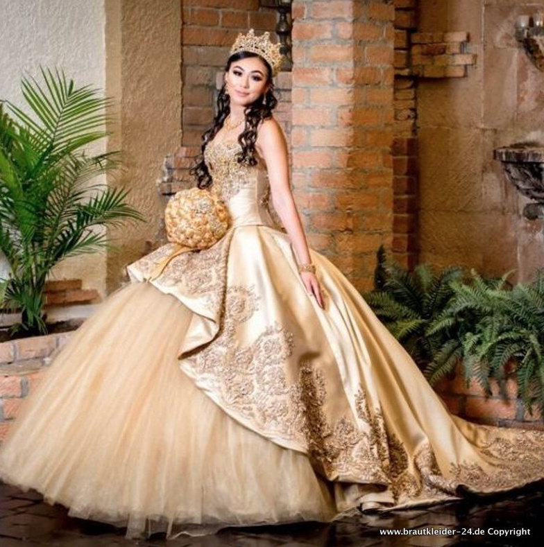 Luxus Prinzessin Brautkleid in Gold mit Schleppe Tüll und Applikationen