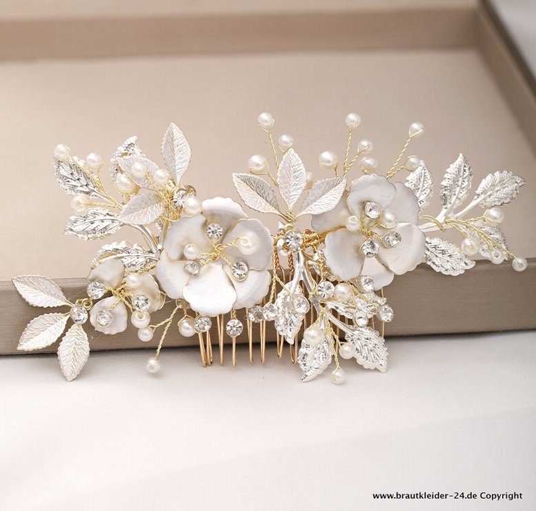Luxus Goldene Blumen Perlen Braut Haarkamm