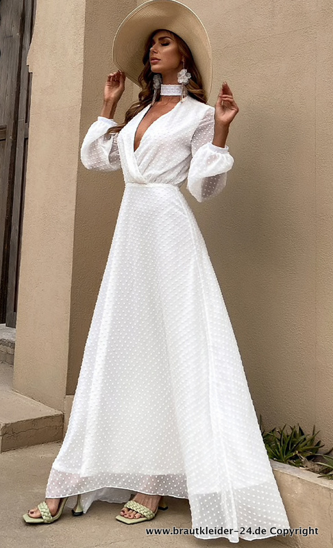 Langarm Boho Style Chiffon Kleid in Weiß Standesamtkleid